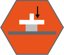 Compression deflection hardness technical specification icon - arrow pointing to a "load" inside an orange hexagon