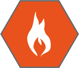 Flammability technical specification icon - white flame icon inside an orange hexagon 