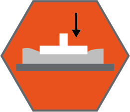 Indentation Load Deflection hardness technical specification icon - arrow pointing to a "load" inside an orange hexagon